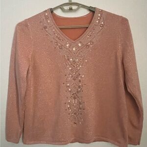 Vintage Embellished Peach Long Sleeve Top with Glitter Thread Accents-Size Large